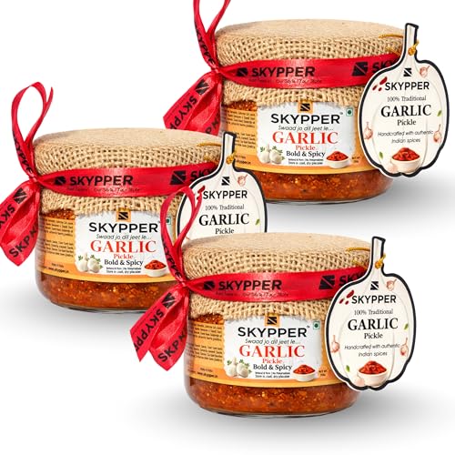 Skypper Garlic Pickle 200g- (Pack of 3) | Authentic Bold & Spicy Indian Achar | Hand-Peeled Garlic, Sun-Dried & Pickled in Cold-Pressed Mustard Oil | Natural, No Artificial AdditivesB0GDQVG4TV | Food Graded Glass Jar