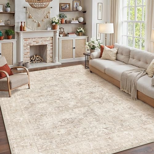 WondRg 8x10 Washable Area Rug for Living Room Bedroom Beige Neutral Vintage Carpet Low Pile Soft Thin Tapis Salon Distressed Non-Slip Vacuumable Lightweight Large Floor Rug Dining Room Indoor - 2