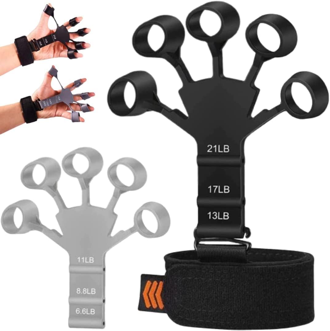 Hand Grip Strengthener - Finger Strengthener, Finger Flexion Extension Training, Grip Strength Trainer - 2PCS, 6 Resistant Level Finger Exerciser & Hand Strengthener (Black & Grey)