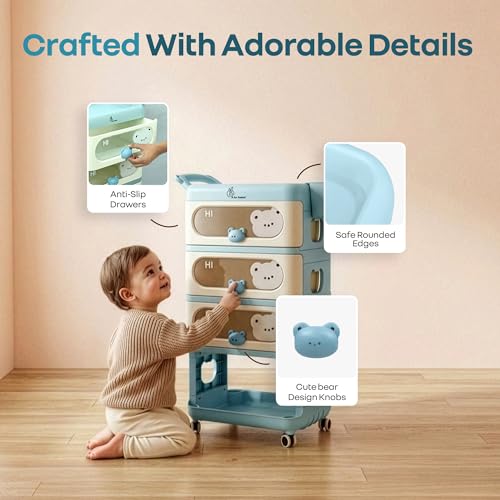 Image of R for Rabbit Kiddo Korner Bear Baby Organiser with Drawers & Wheels | Kids Toy & Clothes Storage with Open Shelf & Side Basket | Easy Plug N Play Installation with Lockable 360 Wheels (Blue Cream)