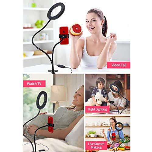 D90DS - Anillo de luz LED (9 cm, con soporte para smartphone, con 3 modos de color, 10 niveles de brillo, cuello de cisne de 360° y puerto USB para fotografía de belleza, maquillaje, streaming y - imagen 5