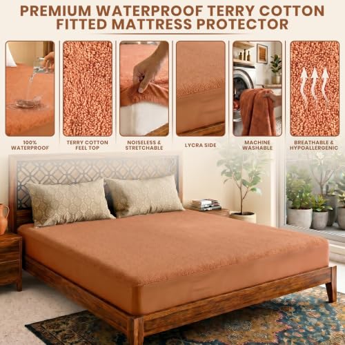 Image of Lithara Terry Cotton Fitted Mattress Protector for King Size Bed | Waterproof & Elastic Band | Ultra Soft & Hypoallergenic Mattress Cover | Size : 72 x 75 Inches (6 x 6.25 Feet) | (Gold)