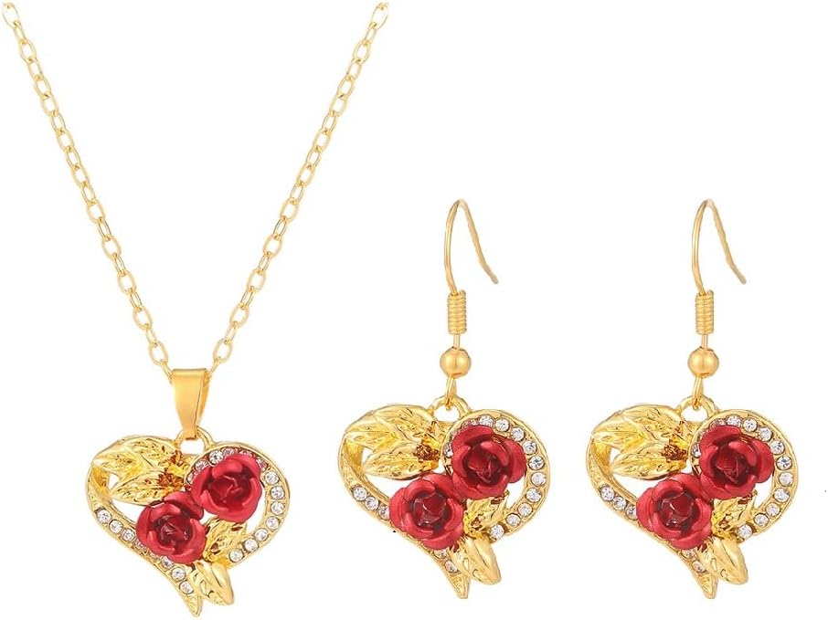 Caiyao Rose Flower Earrings and Necklace Set for Women Love Heart Shape Dainty Rose Flower Jewelry Mother's day Valentine's Day Gift