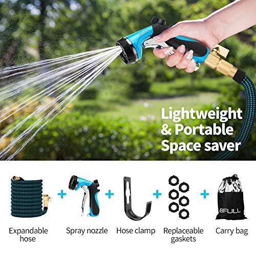 BFULL 100FT Garden Hose, Expandable Water Hose with 10-Function Spray Nozzle, Durable Strength 3750D, 4-Layer Latex, Flexible Leakproof Water Hose with Solid Brass Connector for Watering & Washing