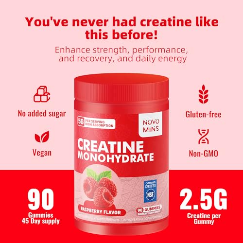 novomins Creatine Monohydrate Gummies 5000mg for Men & Women, Chewables Creatine Monohydrate for Muscle Strength, Muscle Builder, Energy Boost, Pre-Workout Supplement(90 Count)-Raspberry Flavor. — view 5