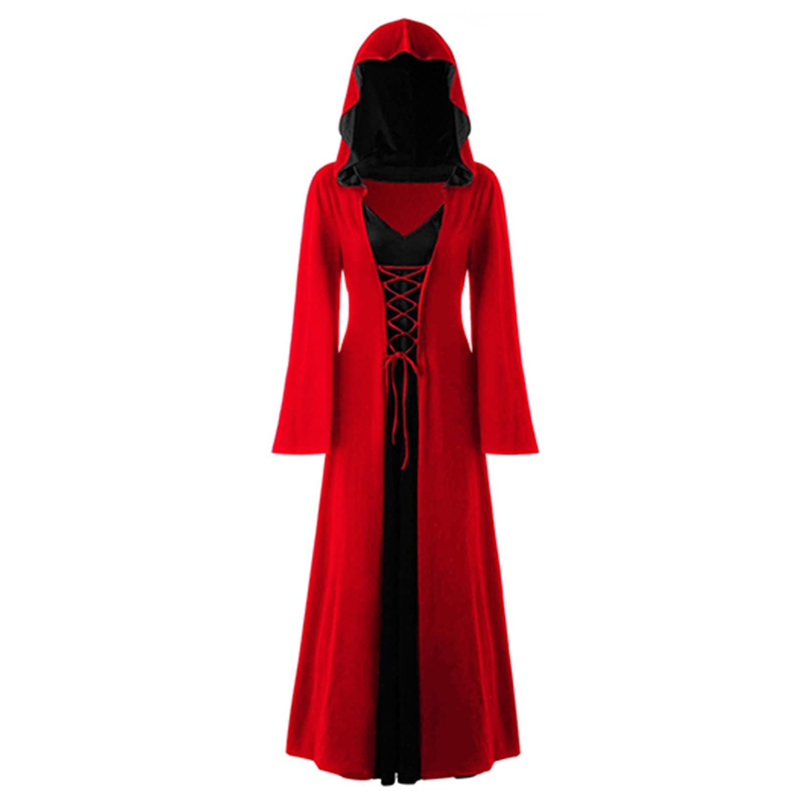 Damski kostium na Halloween, dla dorosłych, średniowieczny, z kapturem, sukienka maxi dla kobiet, modna szata Cosplay (M, czerwona i czarna)
