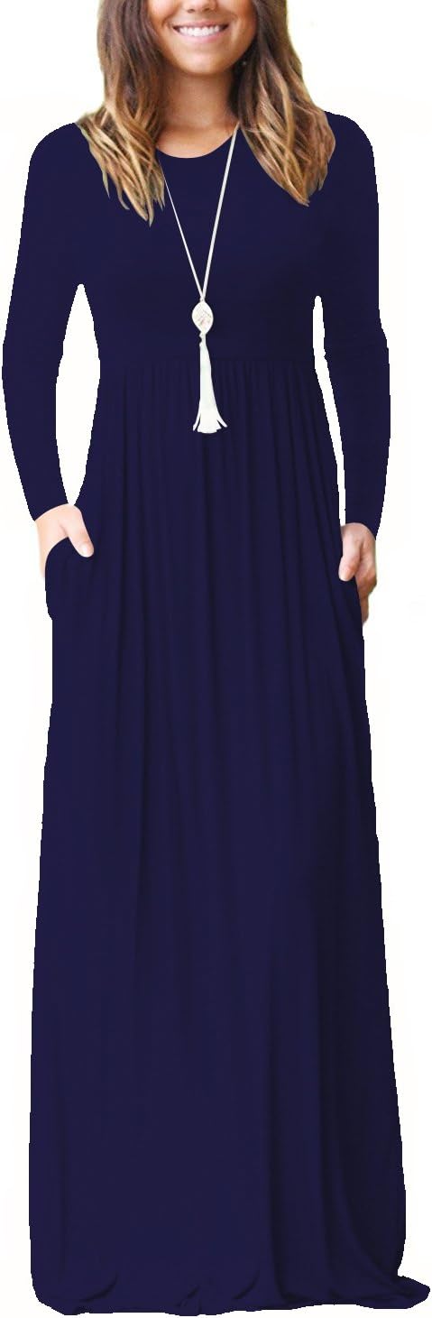 OFEEFAN Women's Long Sleeve Pockets Pleated Loose Swing Casual Maxi Dress