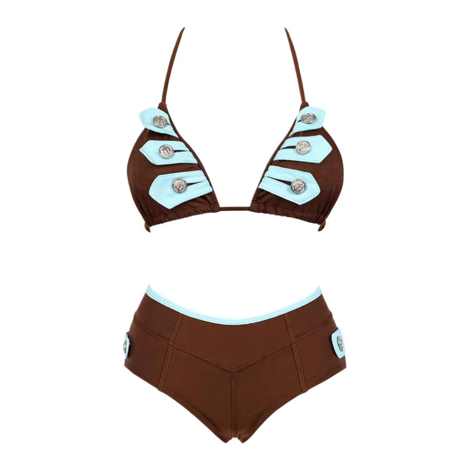 Bikini Donna Donne Marrone Blu Colore Blocco Set Triangolo Costume da Bagno Retro-bikini1-s