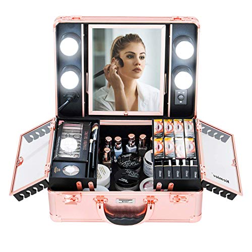 Kemier Makeup Train Case - Cosmetic Organizer Box Makeup Case with Lights and Mirror / Makeup Case with Customized Dividers / Large Makeup Artist Organizer Kit (Rose Gold)