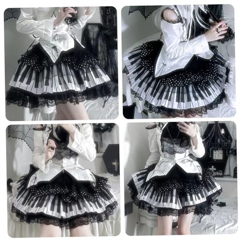 Piano Skirt Trendy Piano Key Pleated Cute Lace Skirts with Elastic Waist for Women Teens Girls, Black and White2