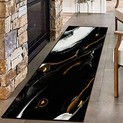 Hallway Runner Rug, Luxury Modern Abstract Marble Texture Carpet for Entryways Hallways Bedroom Laundry Room Kitchen Washable Non Slip Runner (Black, 2x6 Ft)