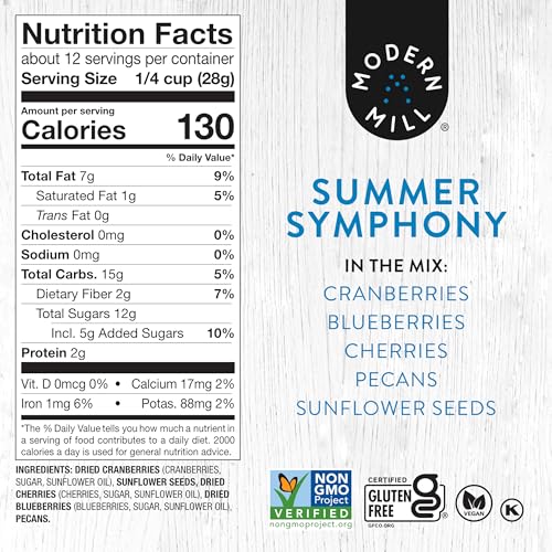 Image of Modern Mill Summer Symphony Mixed Salad Topper By Gourmet Nut - Dried Cranberries,Blueberries,Pecans,Cherries & Sunflower Seeds - Gluten Free,Kosher,Dried Fruit & Nuts Vegan Snack -12oz Resealable Bag