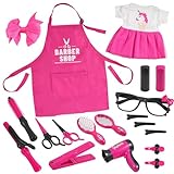 Kids Barber Shop Pretend Play Set, Pink Hair Stylist Accessories with Apron, Dress and Tools, 15 Pieces