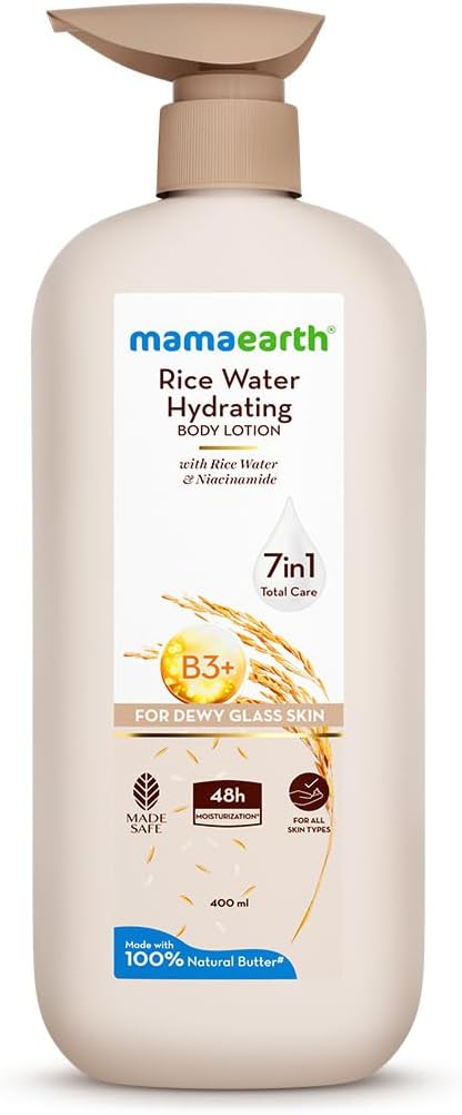 Mamaearth Rice Water Hydrating Body Lotion with Rice Water & Niacinamide for Dewy Glass Skin | 48 Hrs Moisturizating & Nourishing | For Dry Skin | 7 in1 Total Care | 100% Natural Butter | Non Greasy Smooth Skin | 400 ml