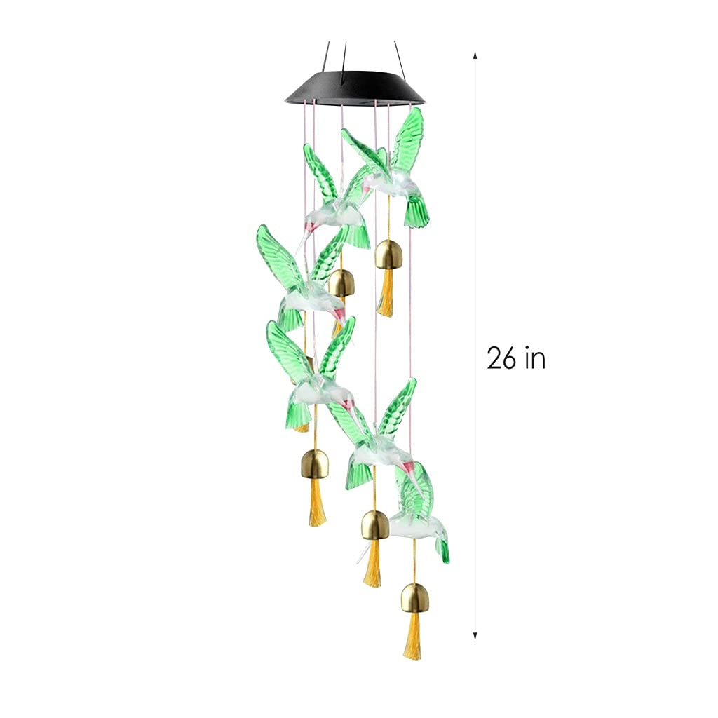 metalowe dzwonki wietrzne, Dzwonek wietrzny z diodami LED Hummingbird, zasilany energią słoneczną, zmieniający kolor, wodoodporny, wielokolorowy(Green)