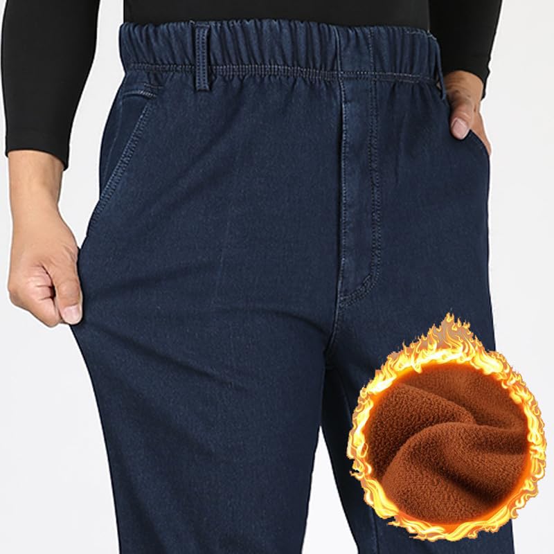 Mens Elastic Waist Fleece Lined Jeans for Seniors, Men Casual Warm Slim Fit Pull On Stretch Straight Leg Denim Pants2