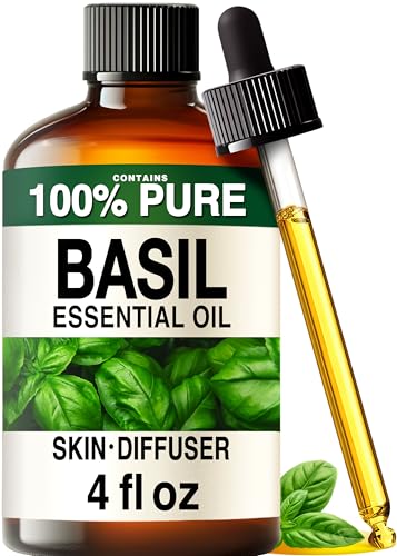 Image of 100% Pure Basil Oil - 4 Fl Oz Basil Essential Oil for Hair, Skin, Diffuser, Aromatherapy & DIY Soap Making Scent