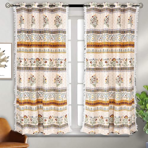Image of Amazon Brand - Umi Bohemian Curtains for Window, Microfiber Cotton Curtain 5 Feet Long Pack of 2 Curtain with Tassels,Eyelets Included, 40-60% Room Darkening