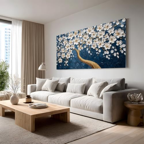 Grand tableau decoration murale fleur blanche peinture abstraite sur toile floral bleu