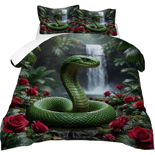Image of Tropical Snake Comforter Set Full Size Red Roses Jungle Waterfall Wildlife Bedding Sets for Girls Boys Kids Adults Bedroom Decor Snake Lover Quilt 1 Comforter 2 Pillowcases