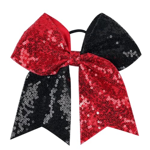 Xansema Bow Hair Tie for Girls Large Cheer Bow Sequins Ponytail Women Teen Girls Cheerleading Ribbon Holder Hair Band (Red + Black)