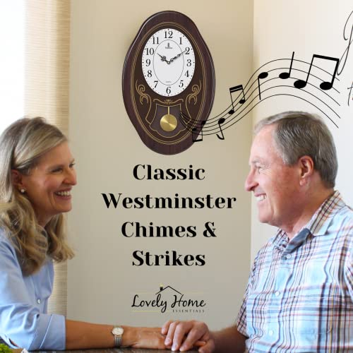 Musical Wall Clock With Pendulum - Oval Pendulum Wall Clock With Melodies & Westminster Chimes - Chiming Clock Battery Operated, Wood Pendulum Clock For Living Room, Office, Home Decor & Gift #TOP4