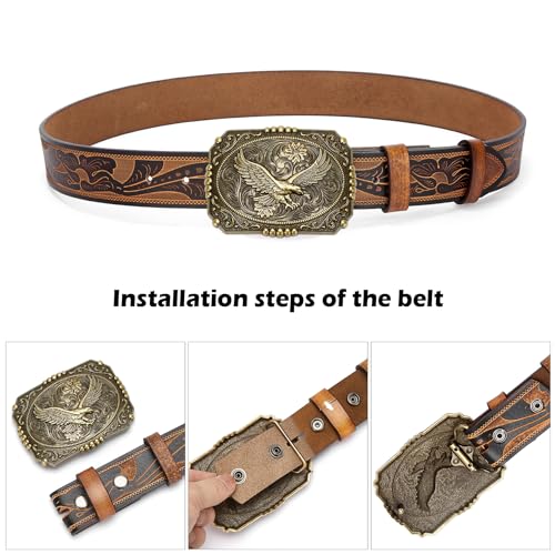 BISON DENIM Men's Western cowboy belt Classic Double embossed leather belts with Printed Engraved Buckle4
