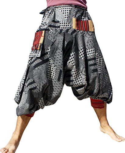 RaanPahMuang Japanese Formal Edo Courtesan Pants with Tied Cuffs and Woven Patches, Medium, Aum Cotton - Polka Dot - Black