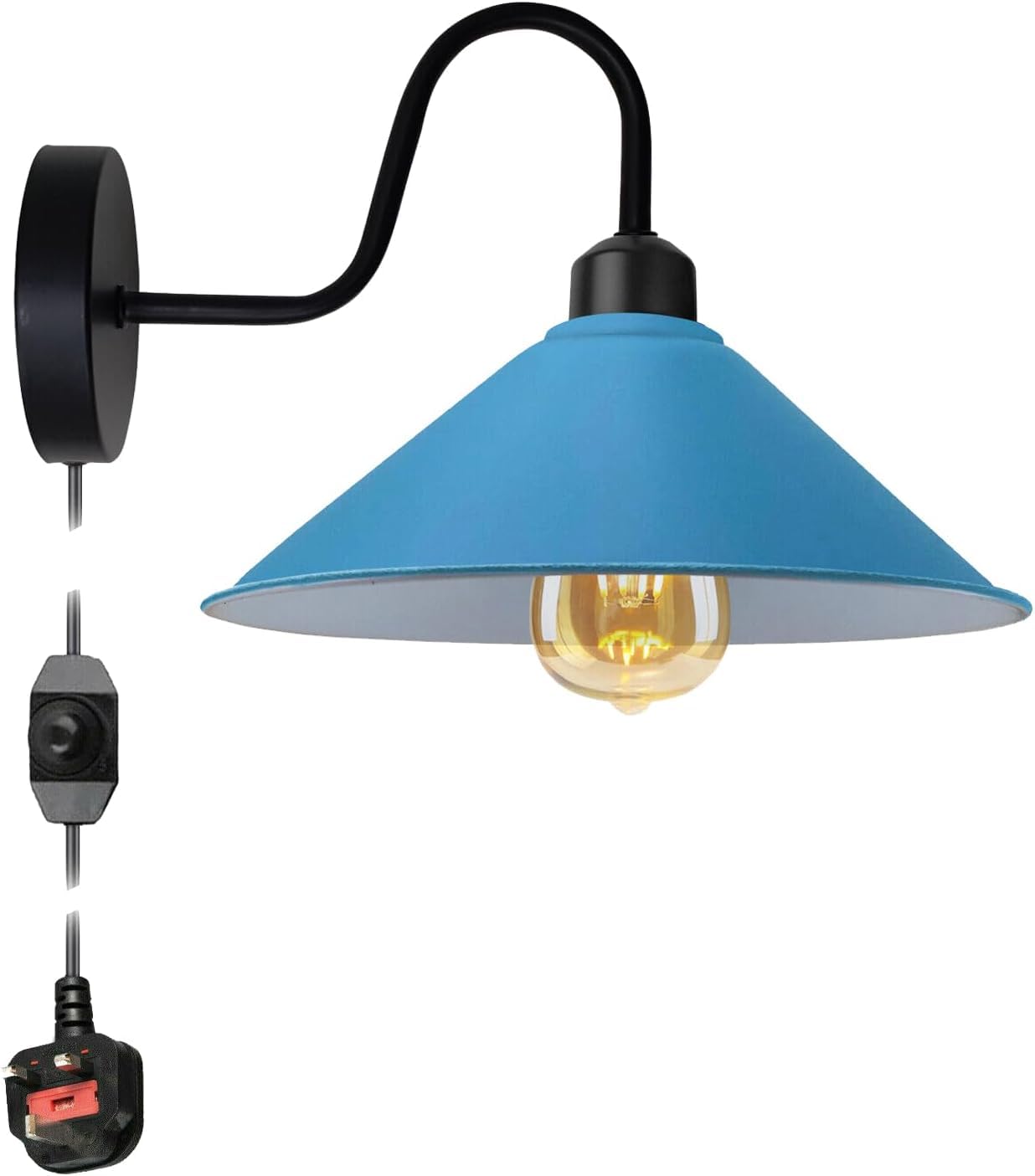 LEDSone Vintage Style 2 M Cone Shade Adjustable Arm Mechanism Metal Modern Wall Lights E27 Lamp Socket Dimmer Switch UK Plugin Wall Sconce Light Fixture (Blue)