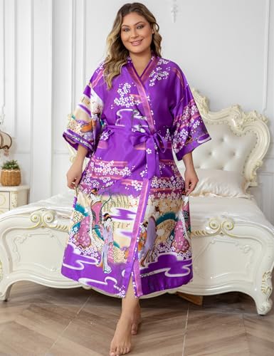 Image of Women's Floral Long Satin Robes Plus Size Long Silk Robes Peacock Floral Kimonos Sleepwear Dressing Gown