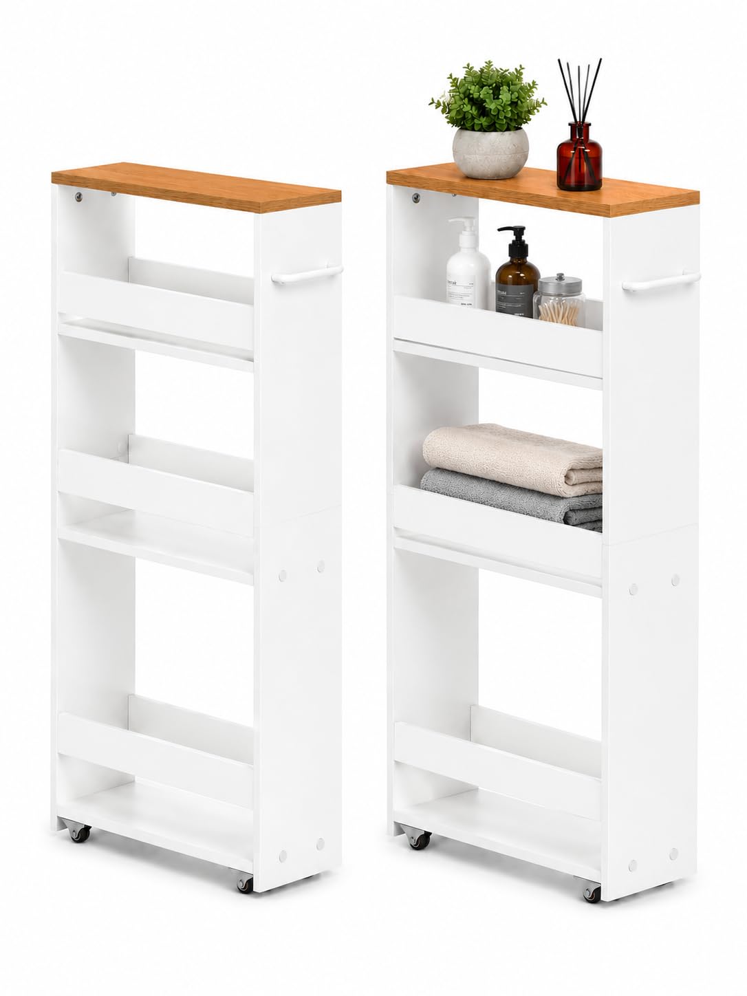 Standregal schmal mit Rollen 2 Stück Weiß 40 x 14 x 80 cm Regal | Schmales Standregal mit 3 Ebenen nutzt kleine Nischen optimal und schafft praktischen Stauraum für Bad Küche Haushalt