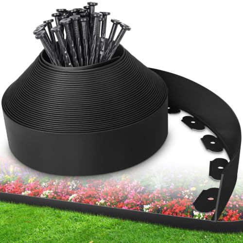 4-Inch x 100 FT Landscape Edging Border with 150 Stakes Plastic Garden Edging Border Kit Flexible No Dig Lawn Edging Border for Garden Flower Beds Yard Pathway Paver (Black)