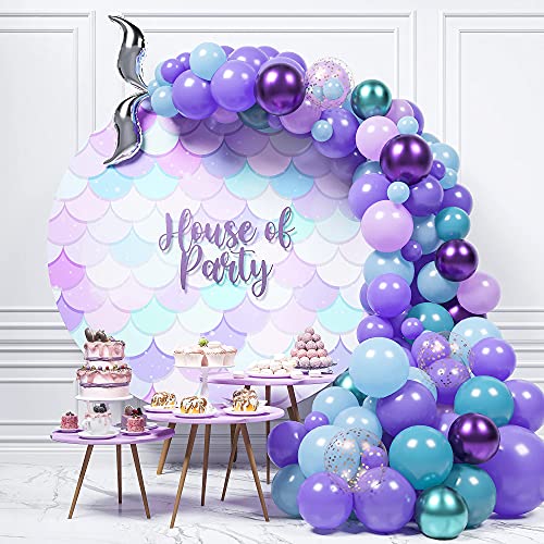 HOUSE OF PARTY Mermaid Balloon Decorations - 165 Pcs | Little Mermaid Balloon Arch Kit, Purple, Blue and Light Purple Confetti & Silver Tail Foil Latex Balloons for Birthday, Summer Party Decor