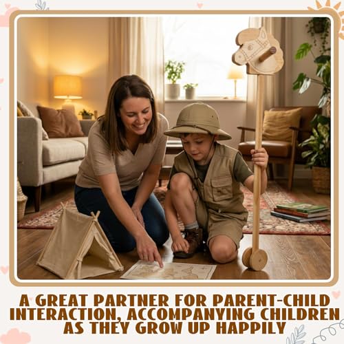 BrightRow Wood Hobby Horse for Kids Handcrafted Stick Horse Toy with Wood Wheels 36 Inches Cowboys Stick Pony for Kids Toddlers Preschoolers Knights Explorers