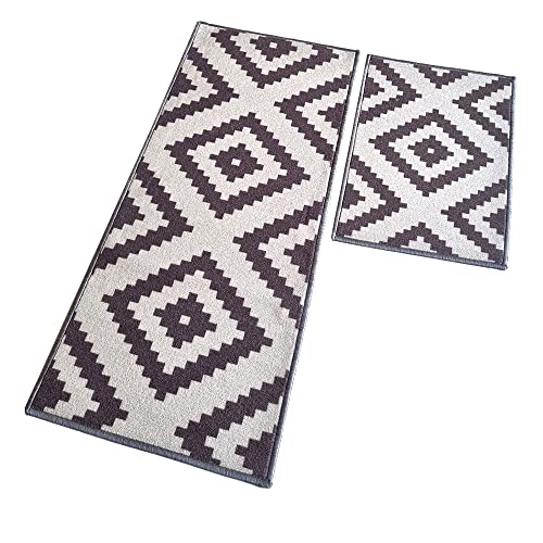 Image of Matz&More Anti Slip Kitchen Runner & Doormat Combo (50x120cm + 40x60cm), Nylon Tufted Floor Mat with Rubber Backing, Carpet for Kitchen, Hallway, Entrance & Bedside, Pattern Grey Offwhite