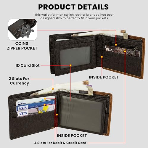 Image of Storite Men's RFID Blocking Bifold Wallet - Slim Genuine Leather Wallet with 2 ID Windows, Card Slots & Coin Pocket Mens Wallet (Tan & Brown)