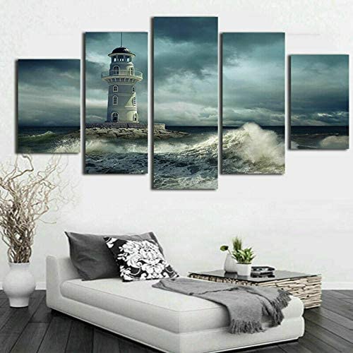 Toile Art Mural 5 Pièces Paysage De Vagues De La Mer Phare Posters Et Arts Décoratifs Tableau Cuisine Decoration Murale Salon Moderne Impressions Sur Toile...