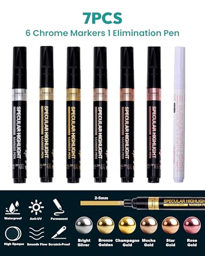 Resiners Metallic Markers, Chrome Paint Marker for Metal Model, Glass Coloring, Stroke, Painting, DIY Craft, Reflective Gloss, 2-5 mm Larger Application Area, Epoxy Resin Tools (6 Colors) — view 2