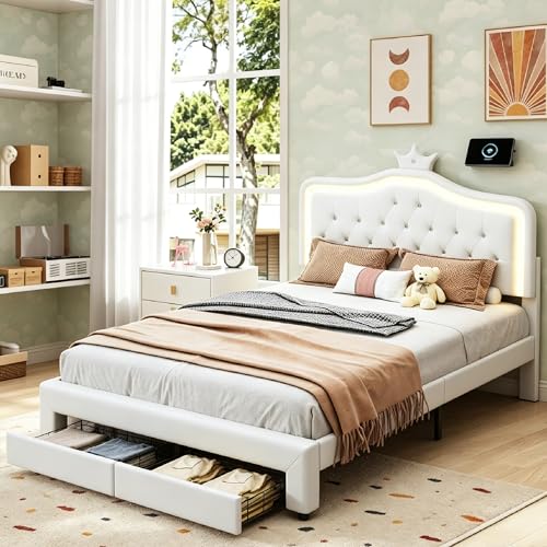 Lit Double Enfant 140x200 avec Tiroir de Rangement, Lit Fille Princesse avec LED, Tête de Lits Réglable en Hauteur en Forme de Couronne, Cadre de Lits 2...