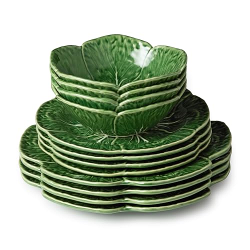 Le Jardin Green Cabbage Plates 12-Piece SET SERVICE FOR 4 Green Stoneware Plates & Bowls with Garden Leaf Design Seasonal Tableware for Spring & Summer Dining and Entertaining