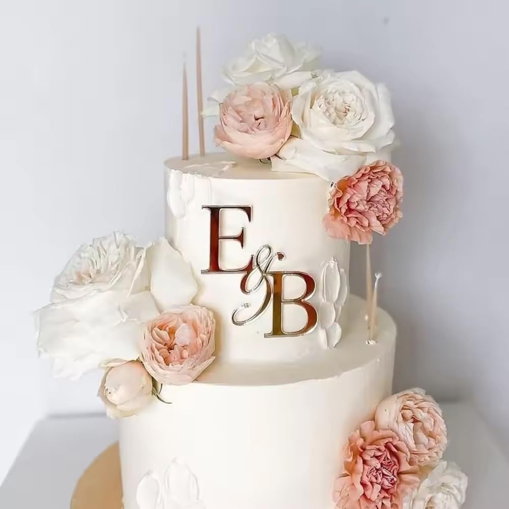 Shengbeidz One Color Personalised Initials Wedding Cake Topper - Custom Multicoloured Acrylic Birthday Party Anniversary Engagement & Celebration Cakes Toppers Decorations(M)