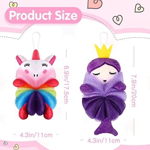 2 Pcs Bath Loofahs Kids Toddler Body Loofahs Cute Cartoon Kids Loofah Kid Bath Sponges Loofah Bath Pouf Body Scrubber Mesh Loofah Sponges For Children Shower Washing Exfoliating (Unicorn, Princess) #TOP1