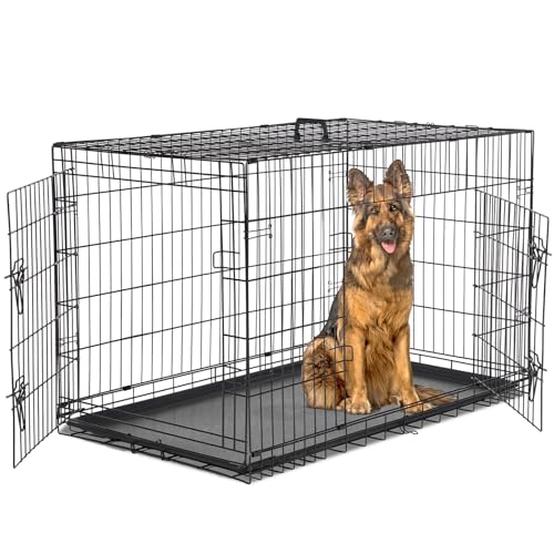 Image of Dog Crate - Extra Large 48 Inch Double Door Portable Dog Cage, Metal Wire Pet Kennel with Secure Lock, Leak-Proof Pan Tray, Foldable Design for Dogs Pets Indoor Training and Outdoor Travel