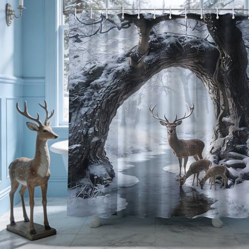 puuiui Winter Scene Shower Curtain Snow Snowflake Deer, 70x72 Inchs