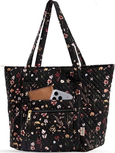 Miss Adola Quilted Tote Bag with Zipper - Vintage Floral Laptop Tote Bag for Women, Large Capacity with Pockets for Work Travel Teacher
