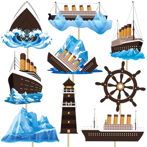 18Pcs Nautical Party Centerpiece Sticks Cruise Ship Birthday Party Table Decorations Sailing Ocean Ship Party Decorations Iceberg Lighthouse Table Toppers for Anchor Classic Movie Baby Shower Supplies
