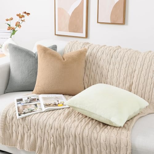 Pallene Faux Fur Plush Throw Pillow Covers 24x24 Set of 2, Soft Fluffy Couch Pillow Covers for Living Room, Cream White