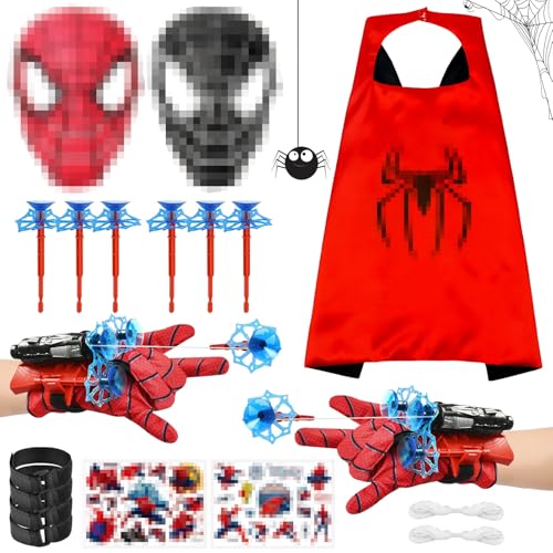 LIVESTN 21 Set Spiderm Umhang Kinder, Super Spiderm Launcher, Spiderm Launcher Handschuh, Rot und Schwarz Spiderm Maske enthalten mit Spiderm Aufkleber, Cosplay Spiderm Geschenk für Kinder Fans(A)