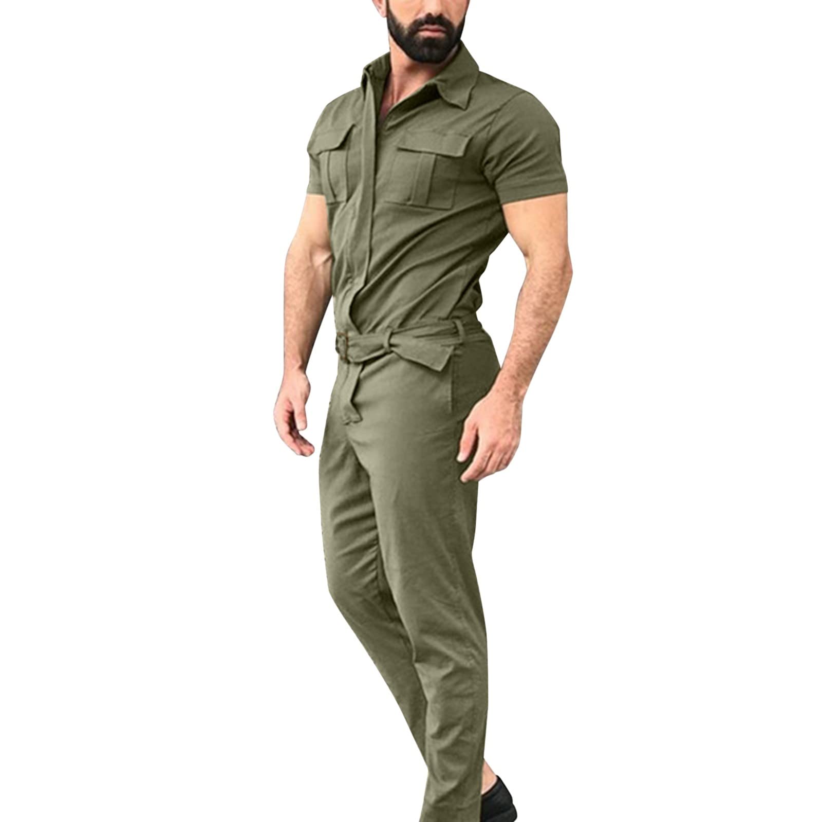 Combinaison pour homme - En coton - Grande taille - Longue - Avec revers - Manches courtes - Avec taille haute - Combinaison à une rangée - Pour le sport - Pantalon de travail