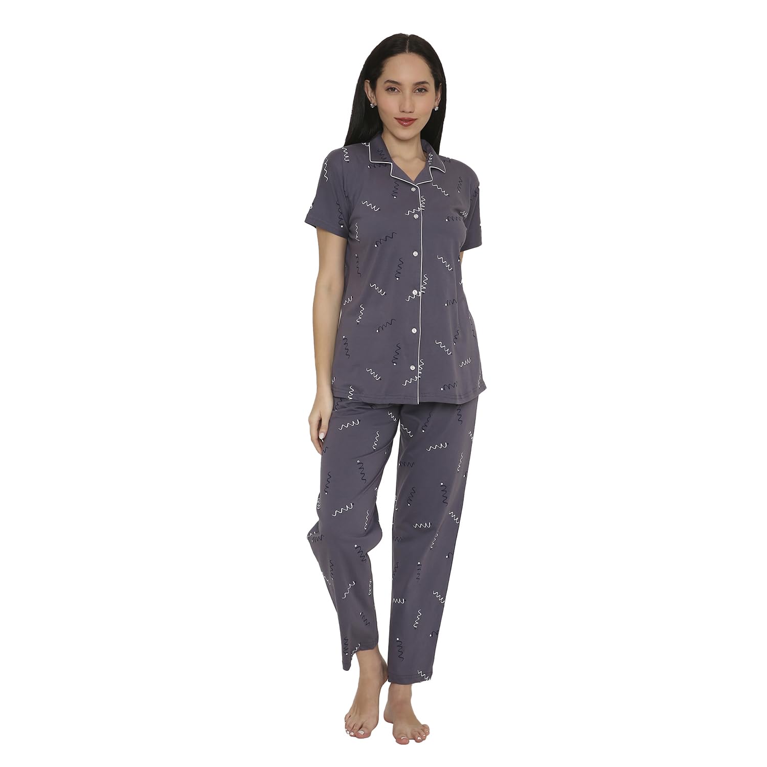 starry night Women's Cotton Printed Night Suit Set of Shirt & Pajama Set|Ladies Front Open Nightsuit|Button Style Nightsuit for Women (XL) Navy Blue-picture-51